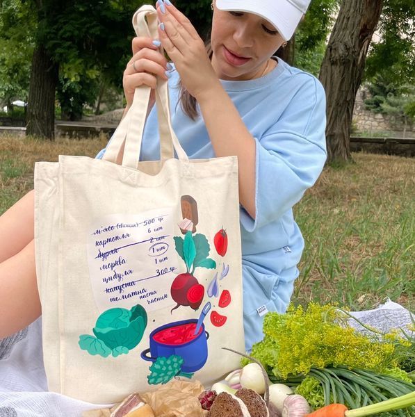 Екосумка, торба, шопер з принтом Борщ, бежевий обʼємний, 35х42х10 см SHBR00 фото