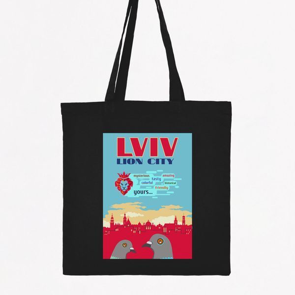 Екосумка шопер з принтом Львів - Lion City, чорний, 38х40 см SHLS00 фото