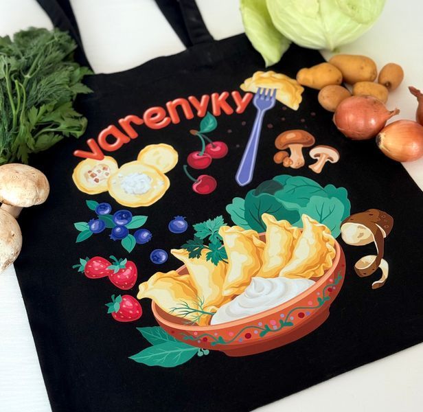 Екосумка, торба, шопер з принтом Вареники, чорний, 38х40 см SHVR00 фото